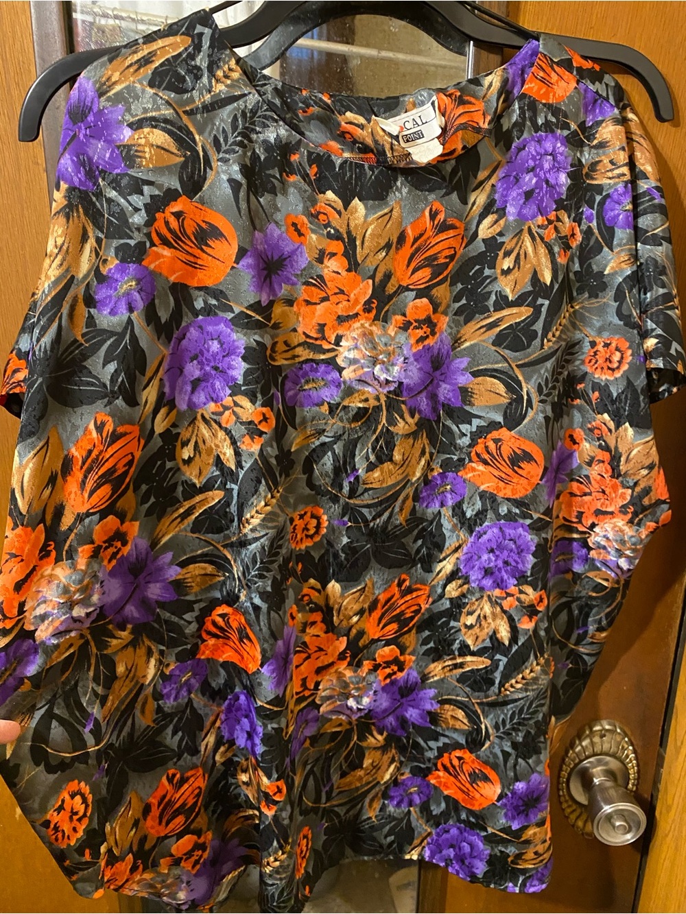 FOCAL POINT Floral Cold-Shoulder Blouse in Black with Orange & Purple Blooms